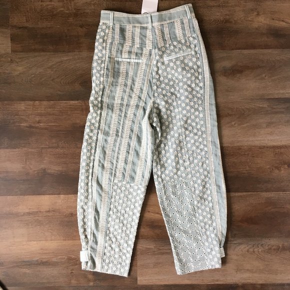 NWOT Zara Embroidered Pants Eyelet Patchwork Blue Seafoam Floral Gauze HiRise XS - Picture 5 of 13